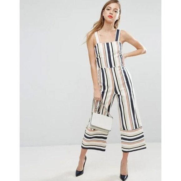 ASOS Navy, Brown, Beige & White Stripe Pinny Jumpsuit In Stripe‎ Size 4 - Picture 3 of 12